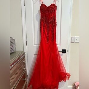 Red Sequin Embellished Prom Gown